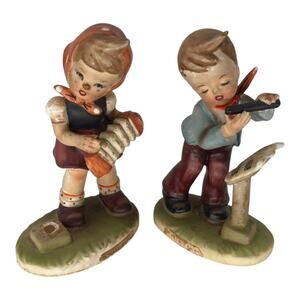 Vintage Hummel Style “Music Time” Figurines Set Boy & Girl Erich Stauffer 1950s